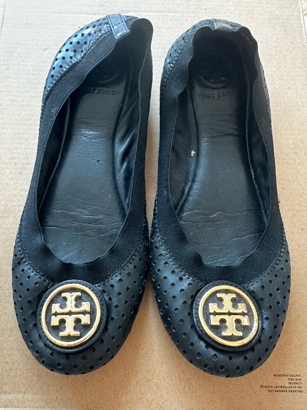 TORY BURCH Black Perforated Leather Ballet Flats Gold Logo Women’s Size 6